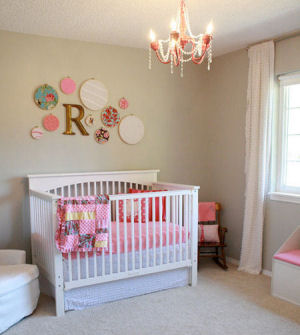 Watermelon pink and gray baby girl nursery decor.