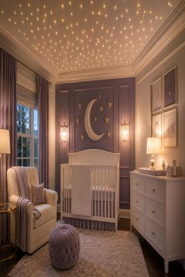 Stars twinkle on the ceiling of this baby nursery putting a twist on the traditional moon and stars nursery theme.  