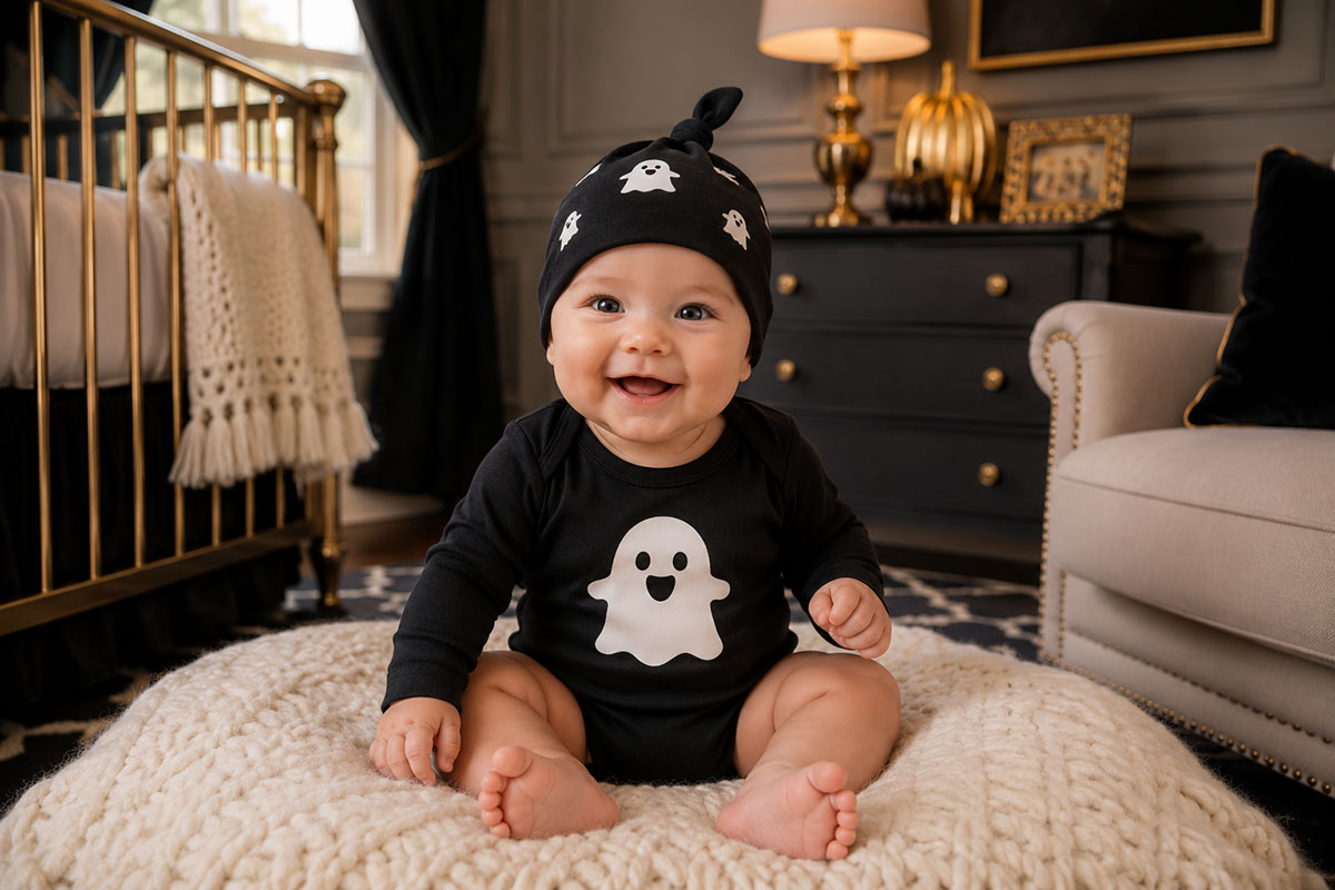 Young infant wearing a soft black ghost Halloween outfit while sitting in a nursery