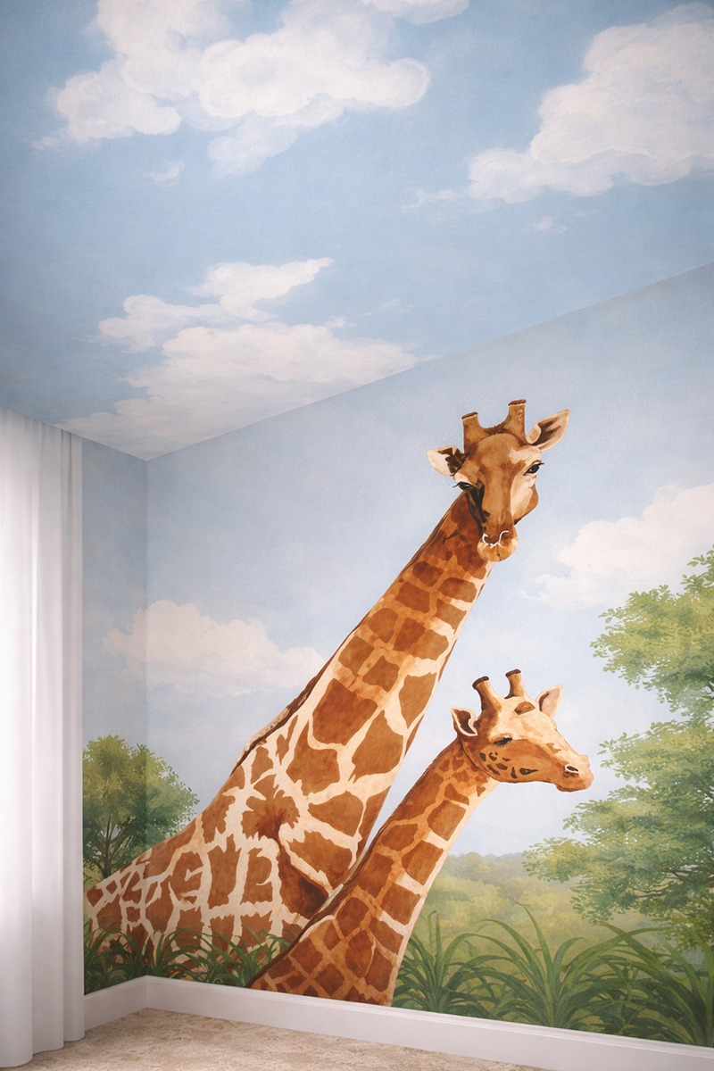 Jungle animal nursery wall mural with clouds and a momma and baby giraffe.