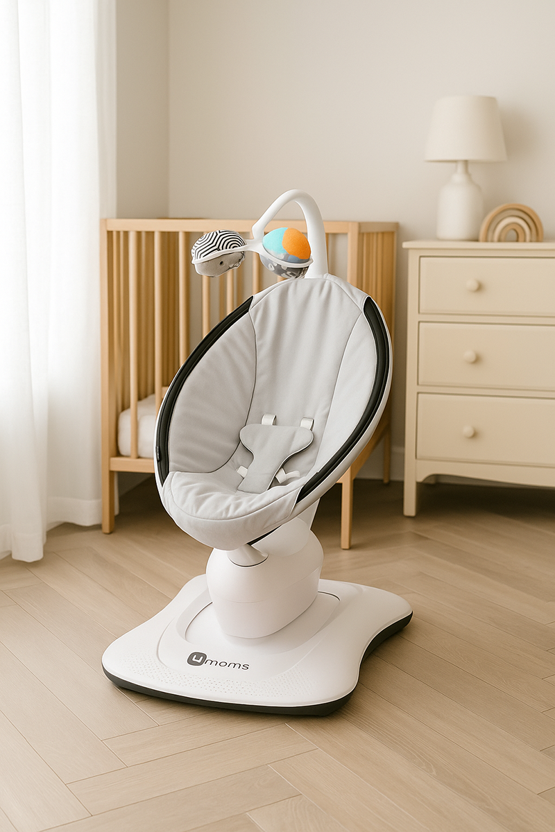2025 4moms MamaRoo Multi-Motion Baby Swing in a soft neutral nursery with natural light