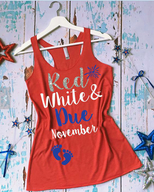 Red white and blue stars and stripes 4th of july pregnancy baby birth announcement maternity top tee-shirt racerback