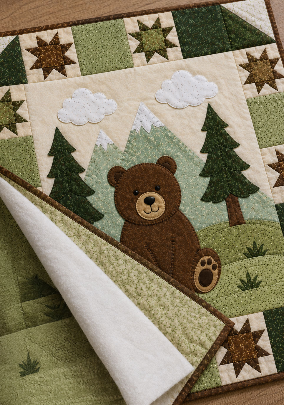 Backing, batting and quilt top layered before quilting a bear baby quilt pattern