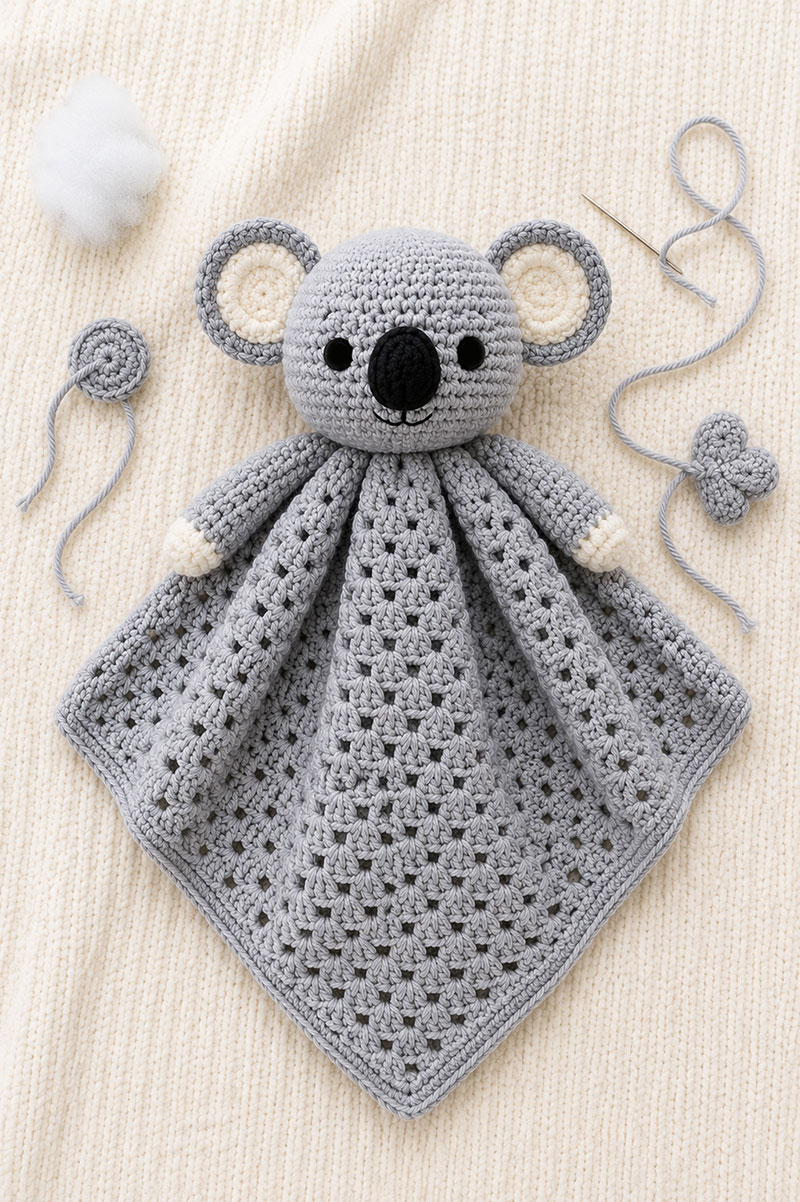 crochet koala lovey pattern assembly showing koala head sewn securely to the blanket body