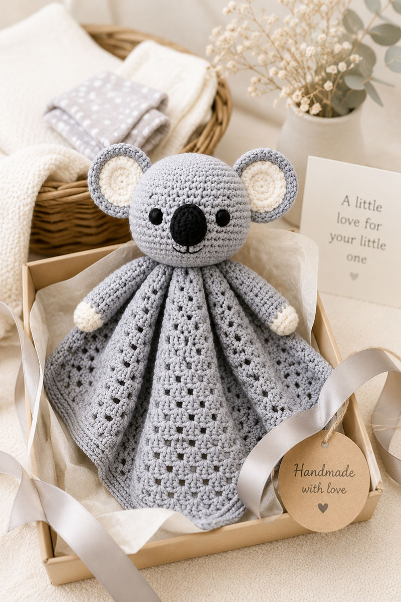 crochet koala lovey pattern finished as a handmade baby shower gift
