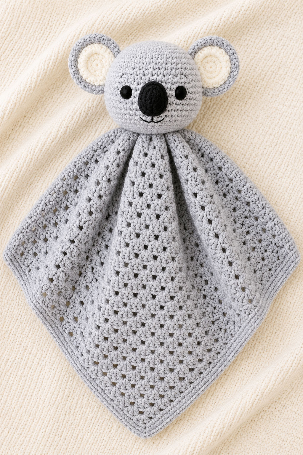 crochet koala lovey pattern blanket body with gray granny square security blanket and koala head