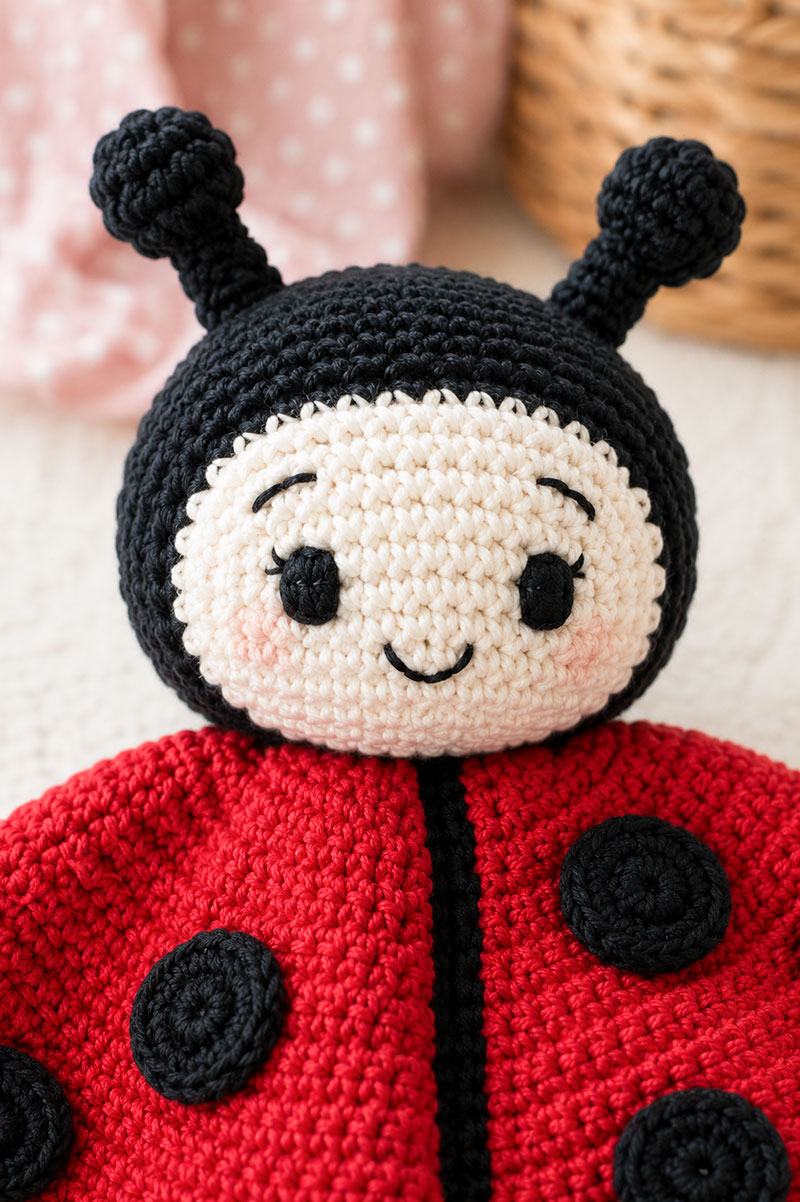 close up of crochet ladybug lovey face with embroidered sleepy eyes and antennae