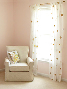 White and gold nursery curtains DIY stenciled stenciling project. Gold painted curtain rod for a baby girl nursery room.