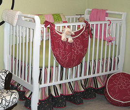 custom baby nursery bedding crib skirt ruffled pink black brown green cream antique white stripes polka dots