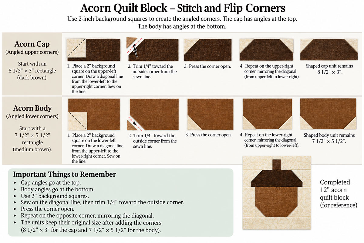 Stitch and flip corner construction showing angled upper corners on the acorn cap and angled lower corners on the acorn body