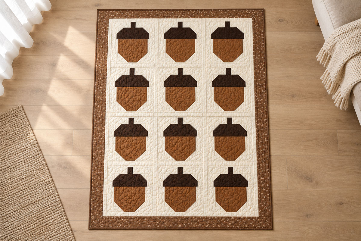 Overhead layout of twelve patchwork acorn blocks arranged in three columns and four rows with light sashing and a dark outer border