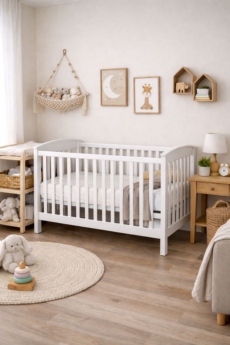 Affordable baby crib shown within a compact nursery layout