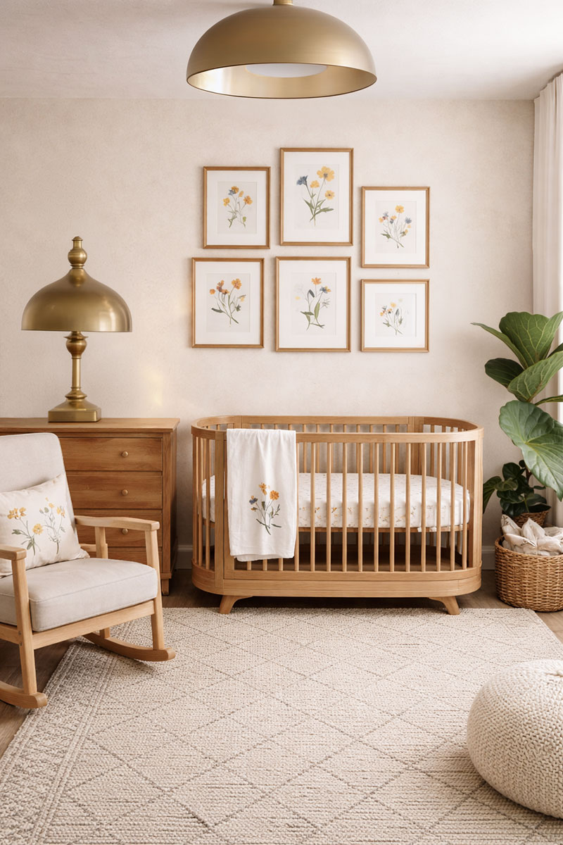 Affordable nursery decor with soft neutral tones, simple wall art, and cozy budget-friendly styling