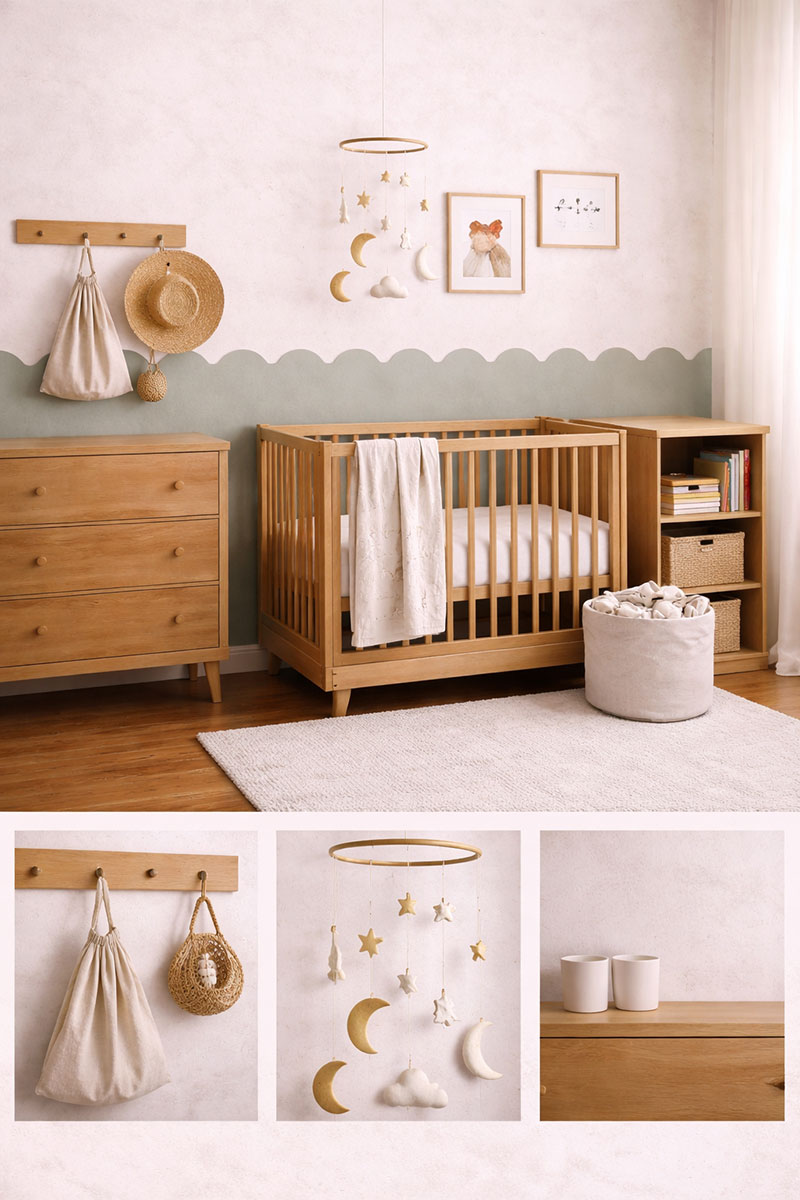 Nursery with rug and curtains creating a finished cohesive look