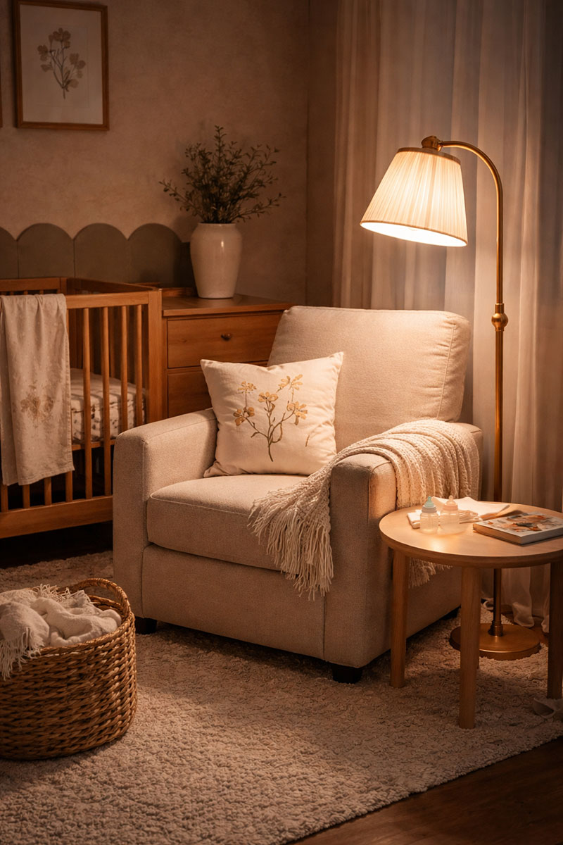 Nursery chair corner with lamp positioned for nighttime care