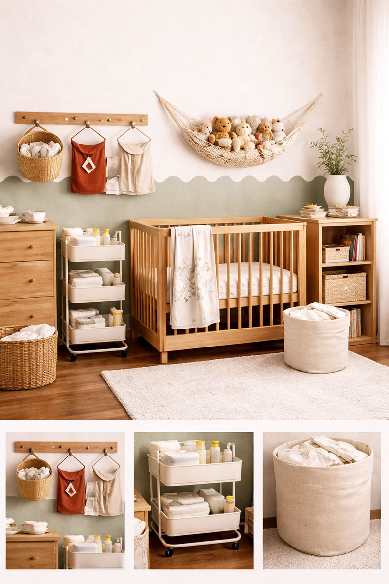 Nursery storage baskets and shelves placed near changing area and chair