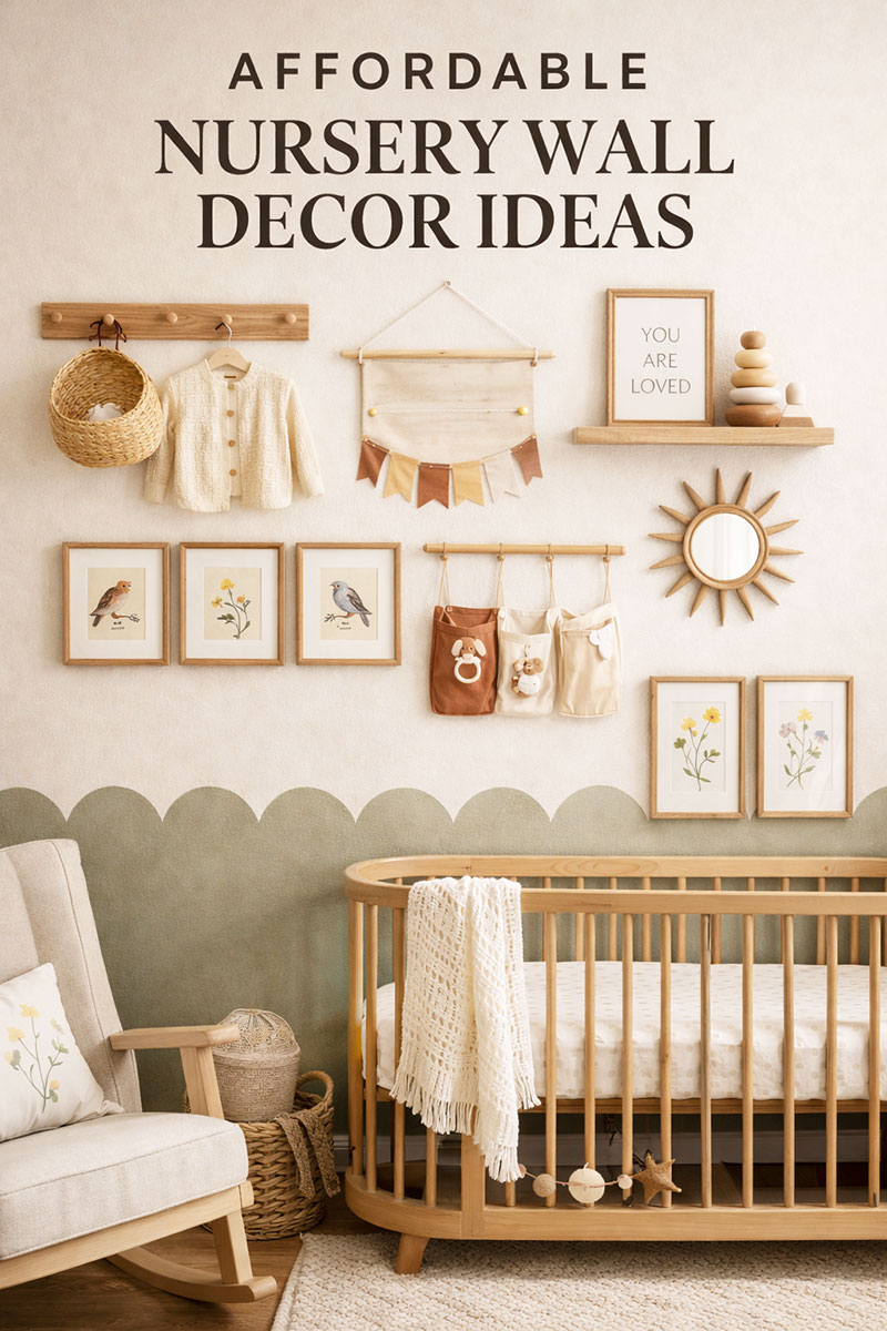 Nursery wall decor with framed artwork arranged above crib in a balanced layout