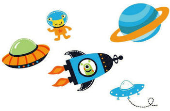 Arrangement of alien pictures from outer space rocket ships and planets for a baby nursery wall or kids room