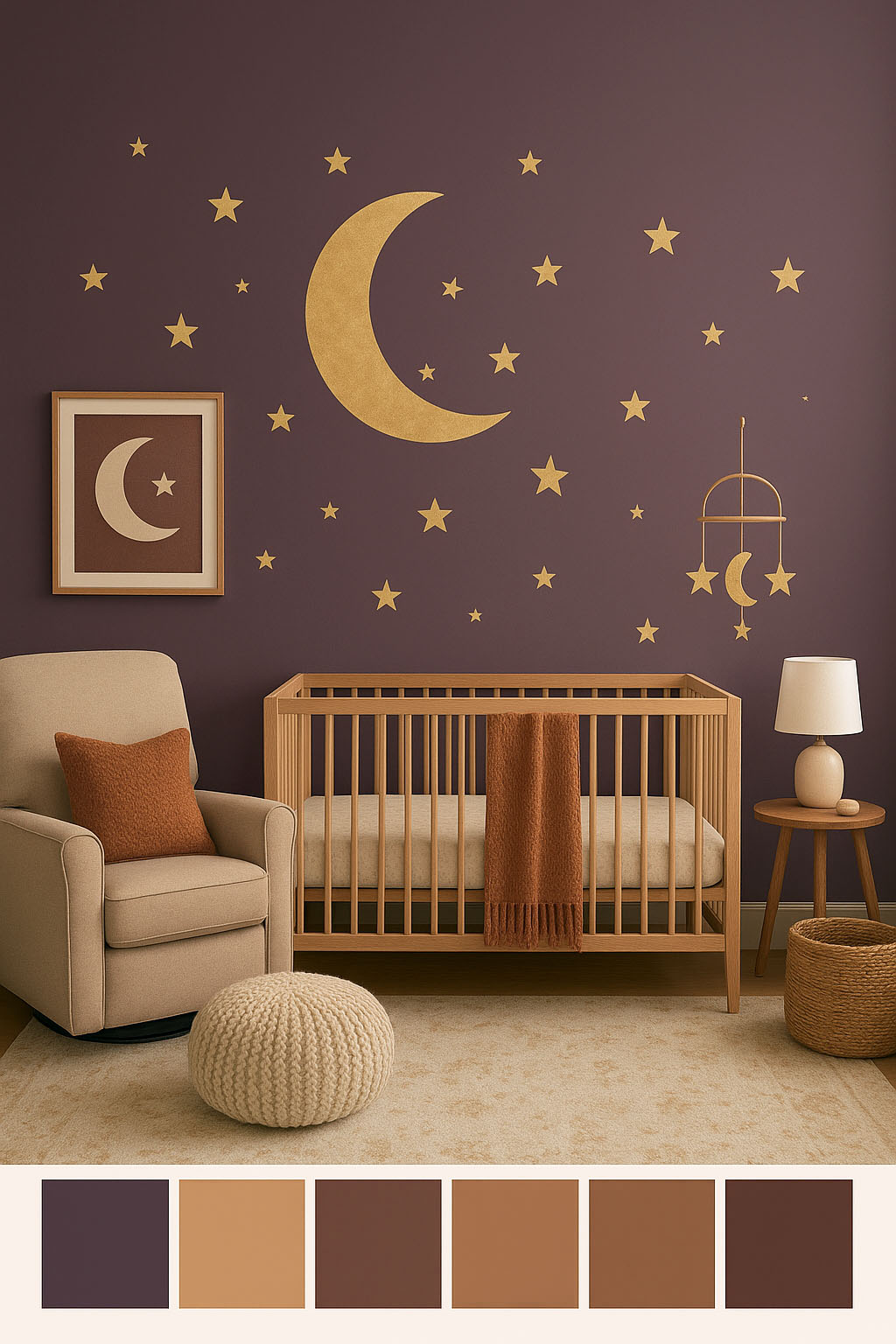 celestial moon and stars nursery decor dark plum and gold color palette