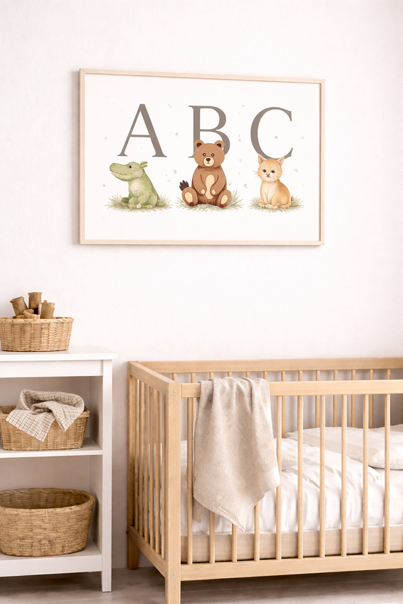 ABC nursery wall art printable with large capital letters A B and C above a crib