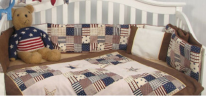 American red white and blue patriotic baby crib bedding with stars and stripes for a nursery room