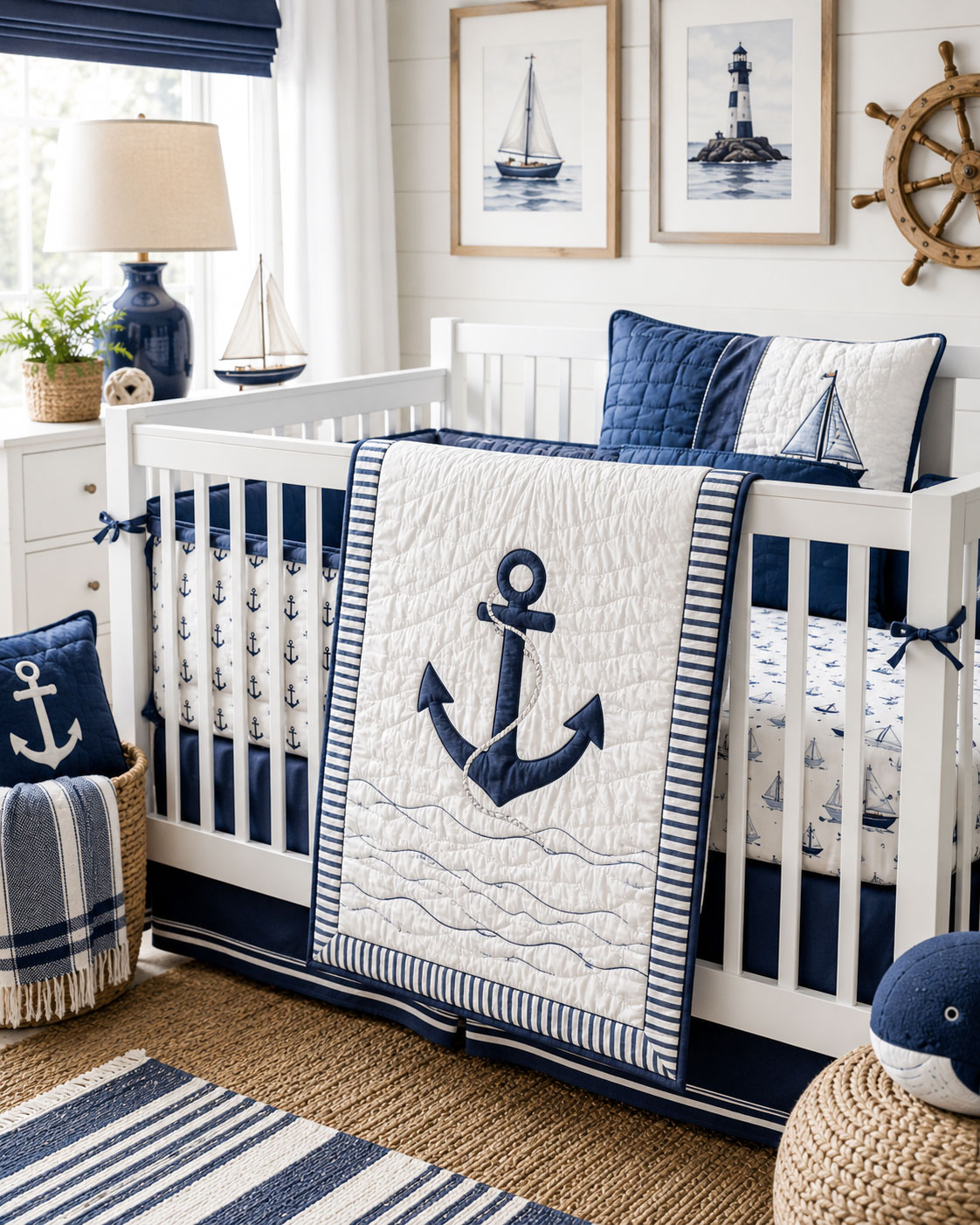 Anchor and sailboat nautical nursery with striped crib bedding