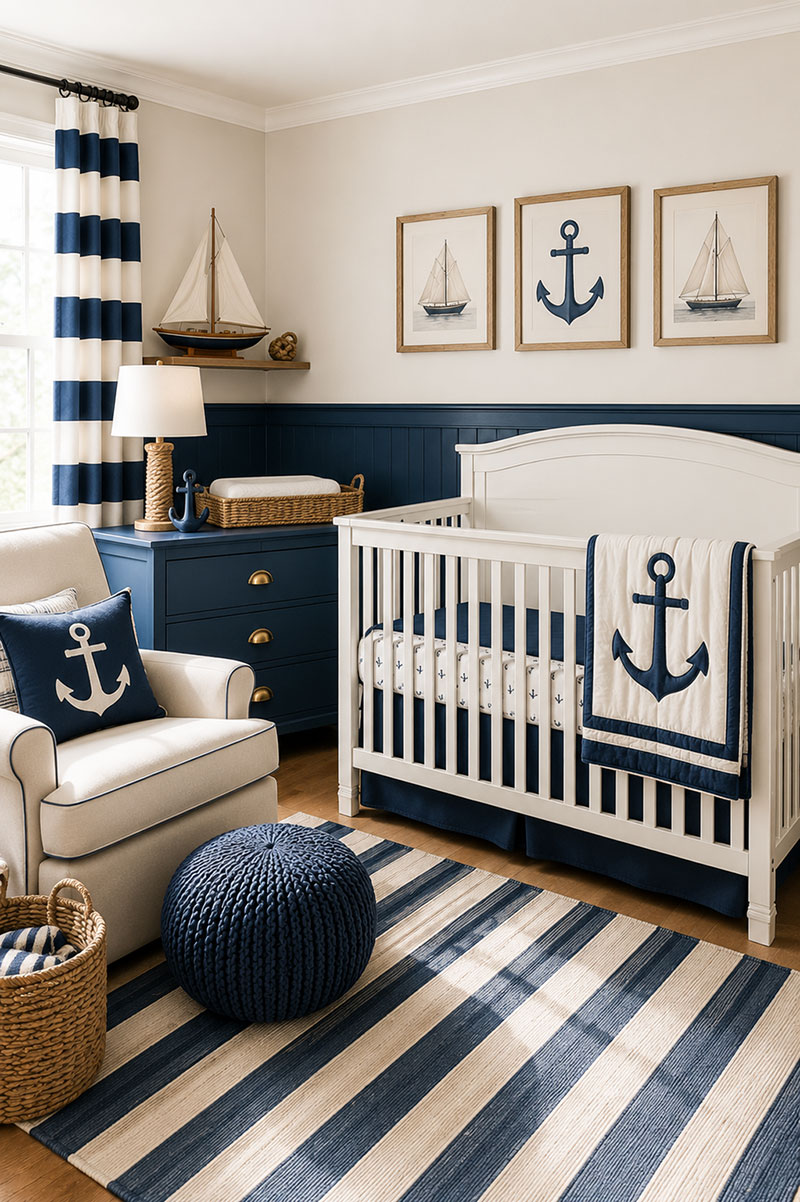 Anchor themed nursery with white crib, navy accents, framed coastal prints, and striped textiles