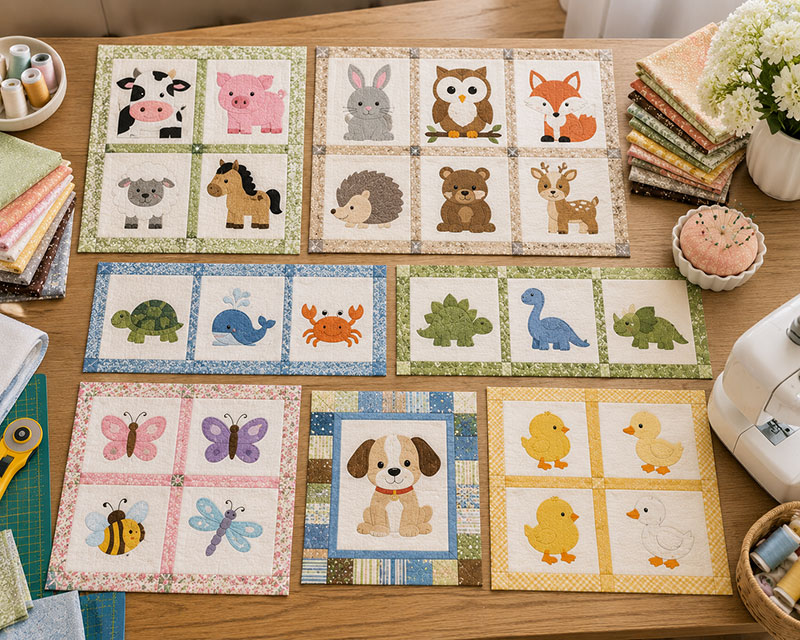Animal quilt block layout ideas arranged as a baby quilt design