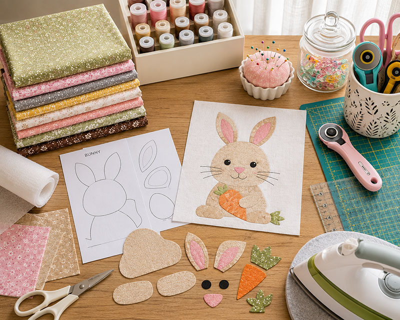 Cotton fabric pieces and quilting tools for making animal quilt block patterns