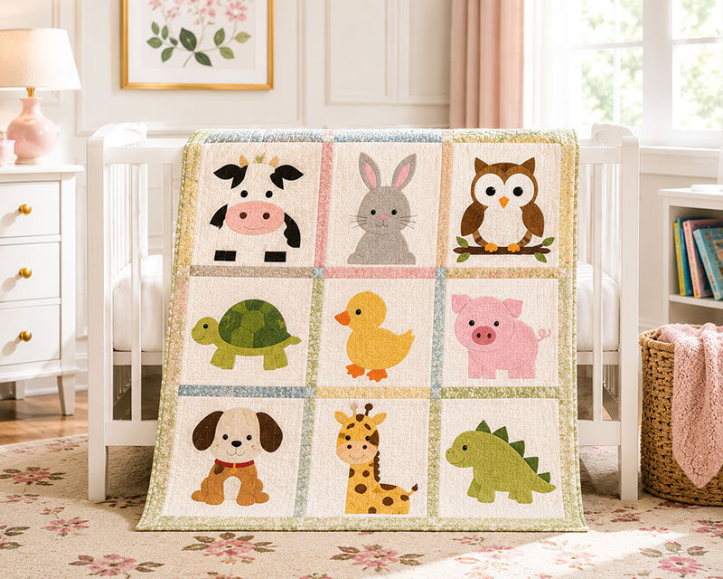 Animal quilt block baby quilt displayed safely in a modern nursery room