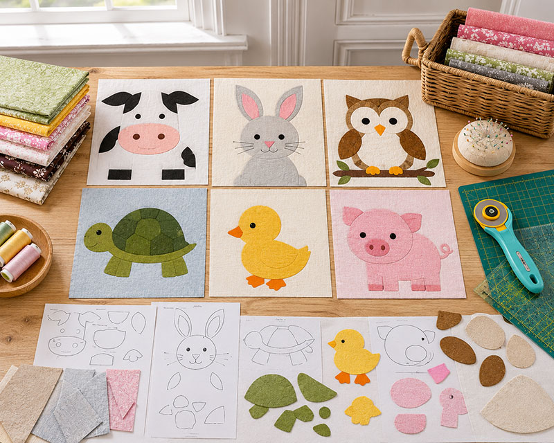 Animal quilt block pattern pieces arranged on a sewing table for a baby quilt project