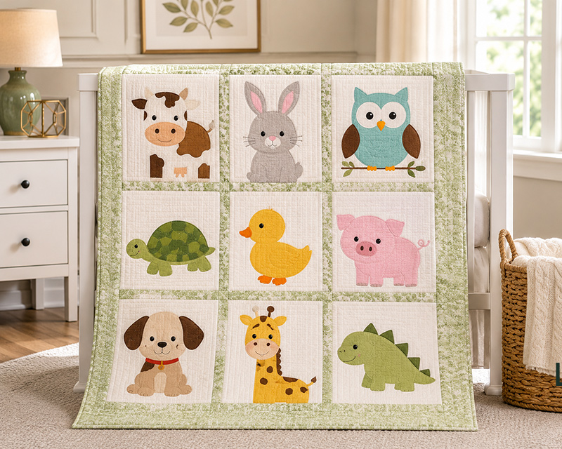 Animal quilt block patterns with fish, owl, bunny, turtle, farm animal and woodland quilt templates