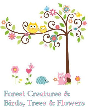 Forest animals, owls and flowers and tree baby nursery wall decals and stickers