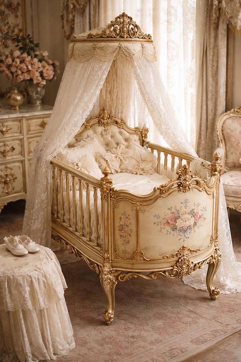 Antique baby beds and cribs for display only in a vintage nursery setting