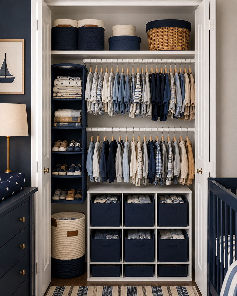 Apartment nursery closet organizer with navy blue storage bins, luxury shelving, baby clothes, and compact drawer system