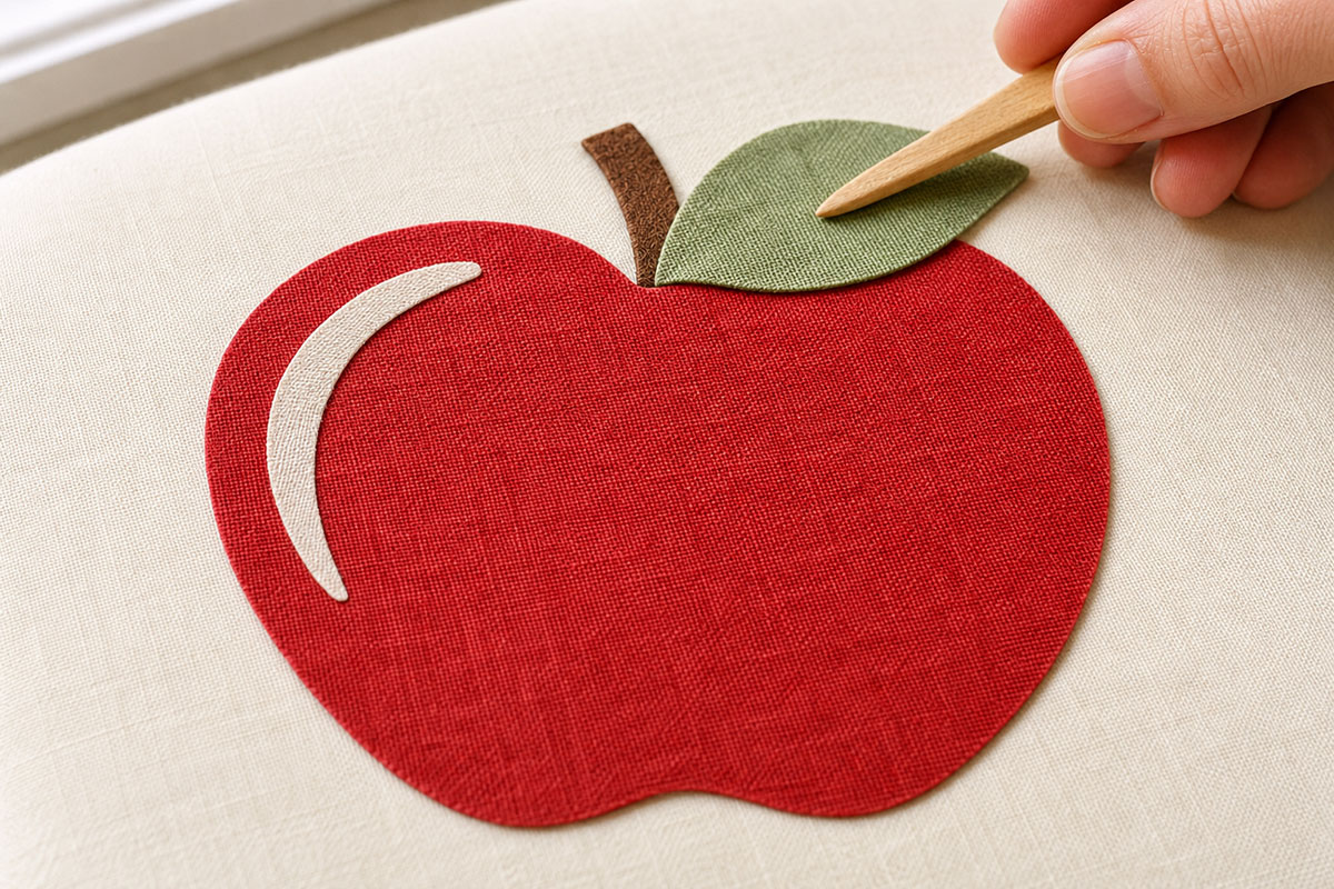 Close view of an apple quilt applique motif being assembled from a red apple body green leaf brown stem and curved highlight
