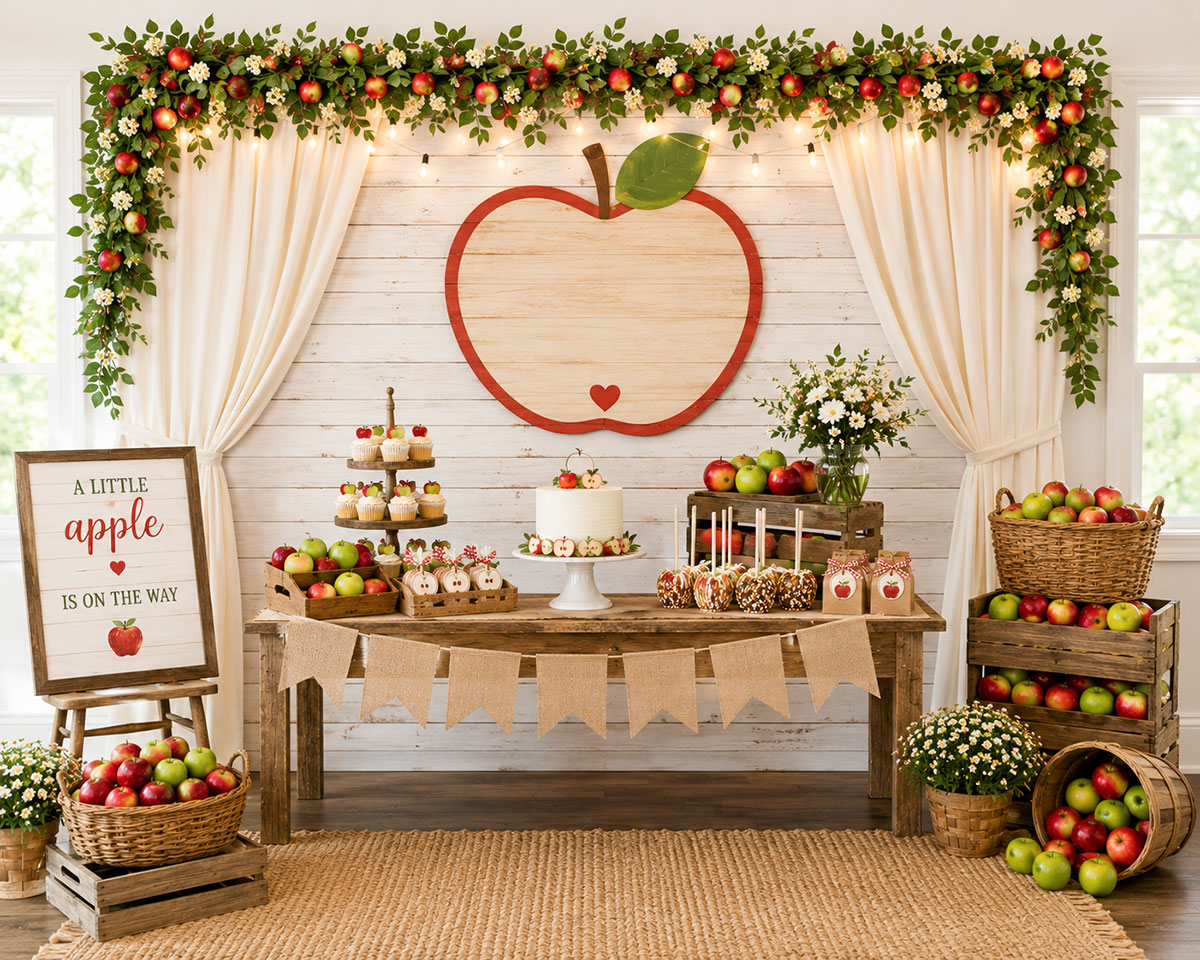 Apple of My Eye baby shower backdrop with apple wreath, white draping, wooden crates and orchard-inspired decorations