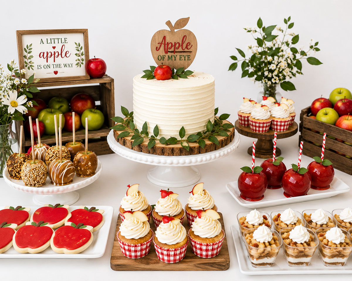Apple of My Eye baby shower dessert table with buttercream cake, apple cupcakes, decorated cookies and rustic serving stands