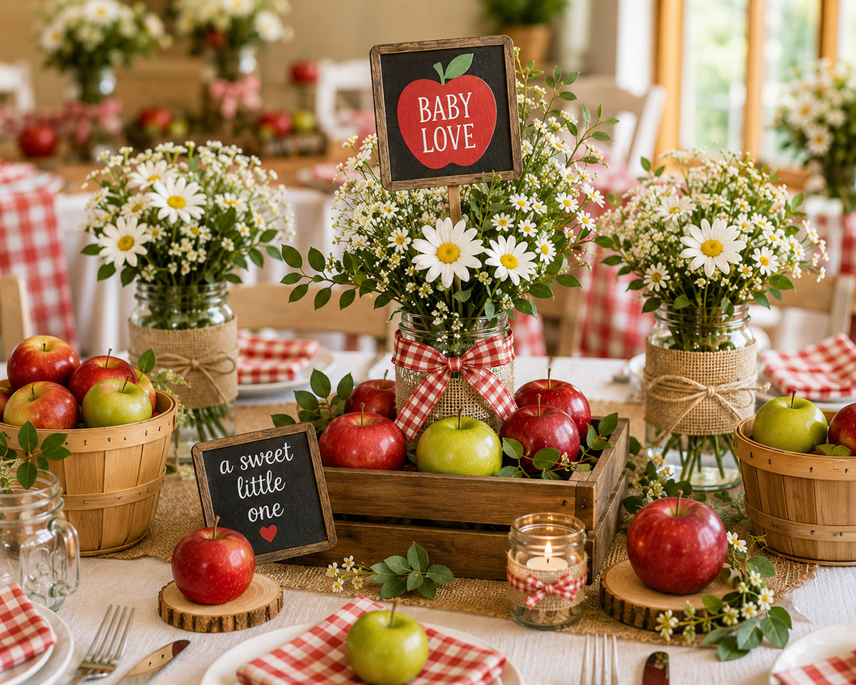 Rustic apple baby shower centerpiece with polished red apples in a woven basket, white flowers and gingham accents
