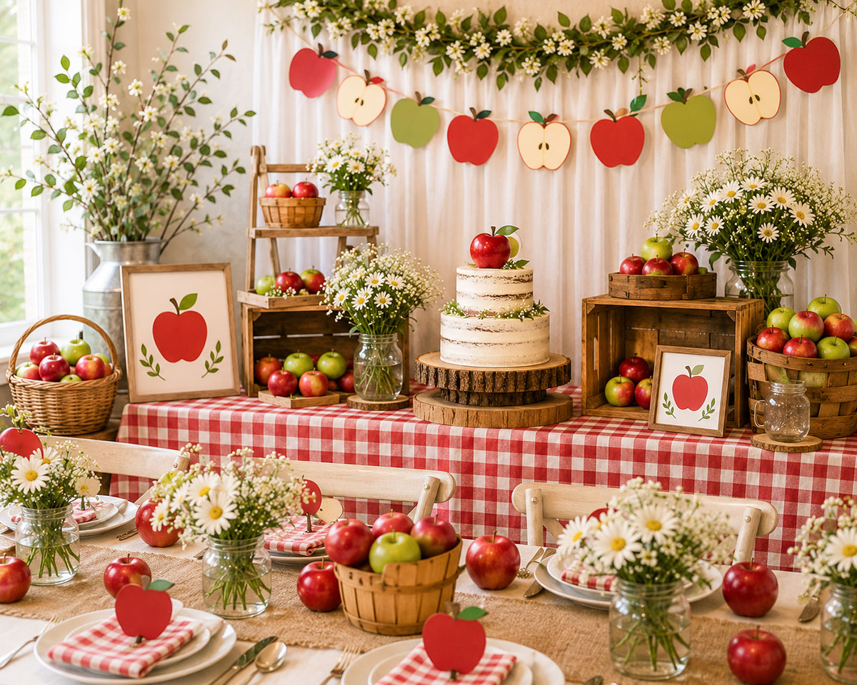 Apple of My Eye baby shower decorations featuring fresh red apples, wooden crates, baskets, gingham accents and an elegant dessert table