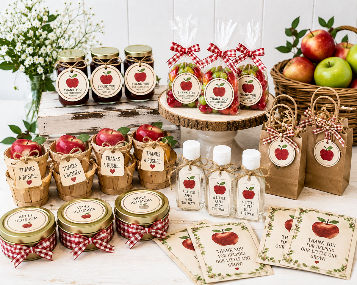 Apple baby shower favors including decorated apple cookies, mini jars of apple butter, fresh apples and gingham gift tags