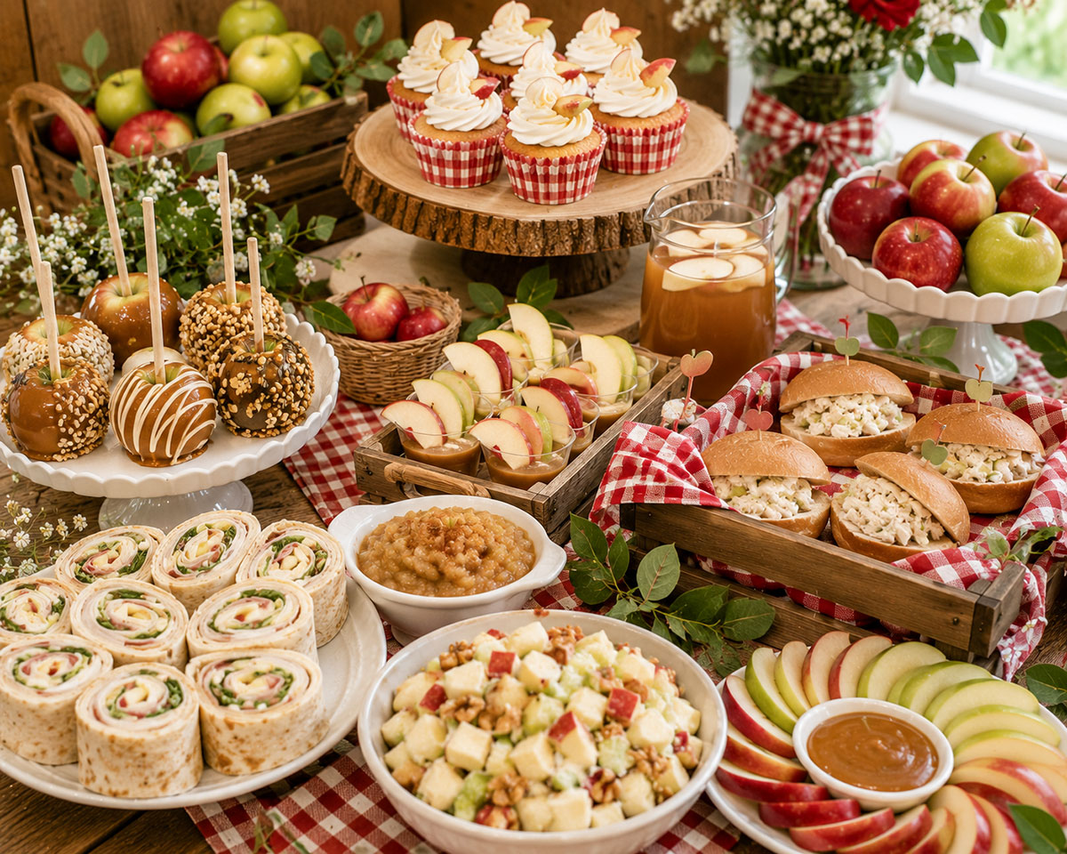 Apple baby shower food table with fresh apples, mini pies, apple cider, cookies and rustic serving boards