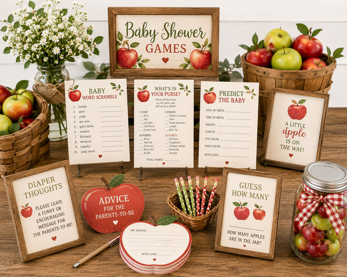 Guests enjoying apple-themed baby shower games around a decorated table with apples, game cards and rustic party decorations