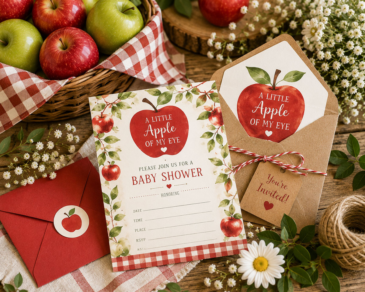 Apple of My Eye baby shower invitations with watercolor apples, gingham accents and elegant stationery arranged on a rustic table