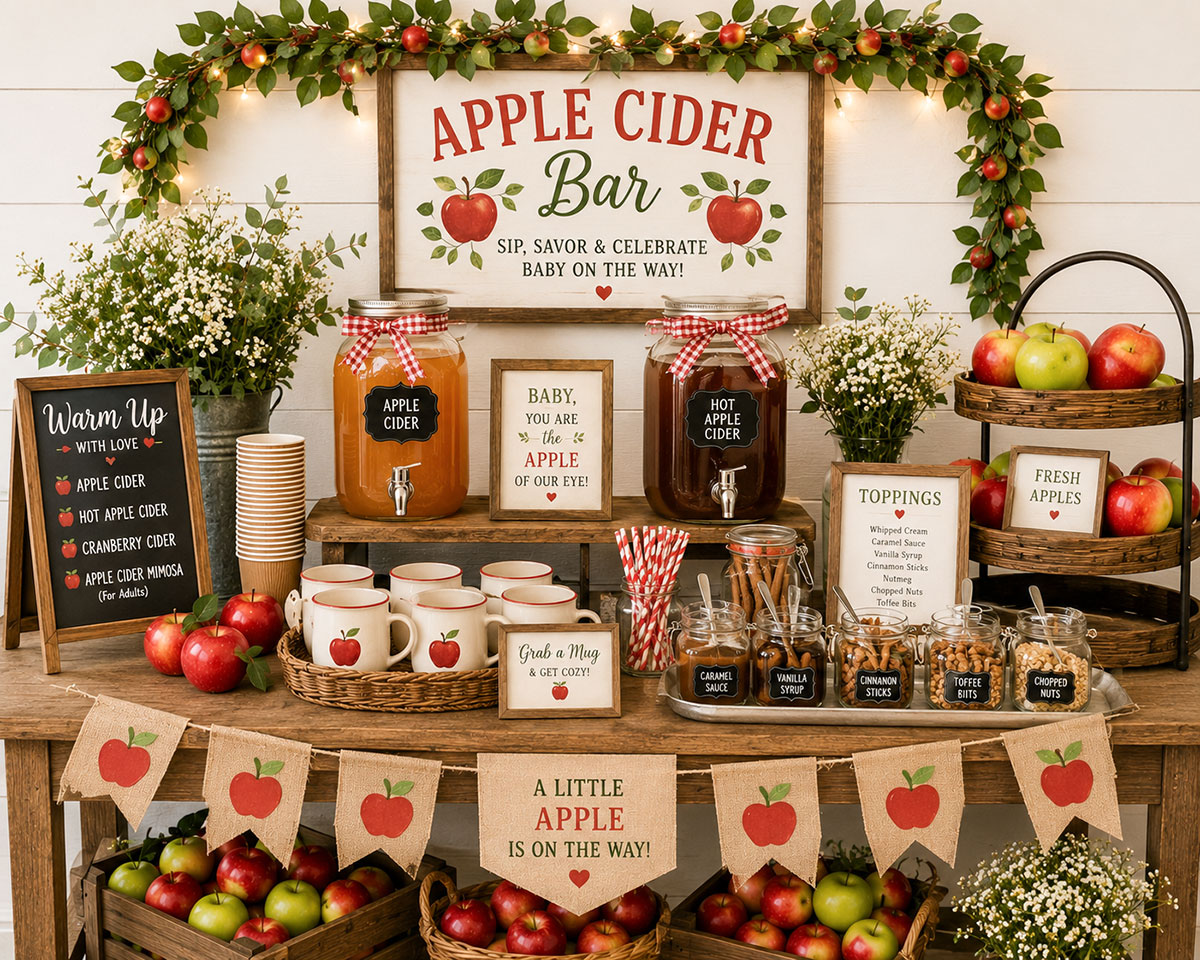 Apple cider bar for an Apple of My Eye baby shower with warm and cold cider, fresh apples, cinnamon sticks and rustic wooden serving pieces