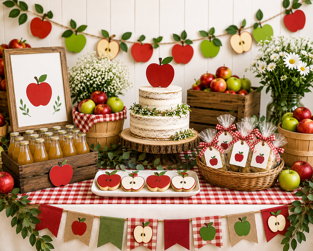Apple of My Eye baby shower with red apple decorations, rustic orchard details, cake, favors and fall table decor