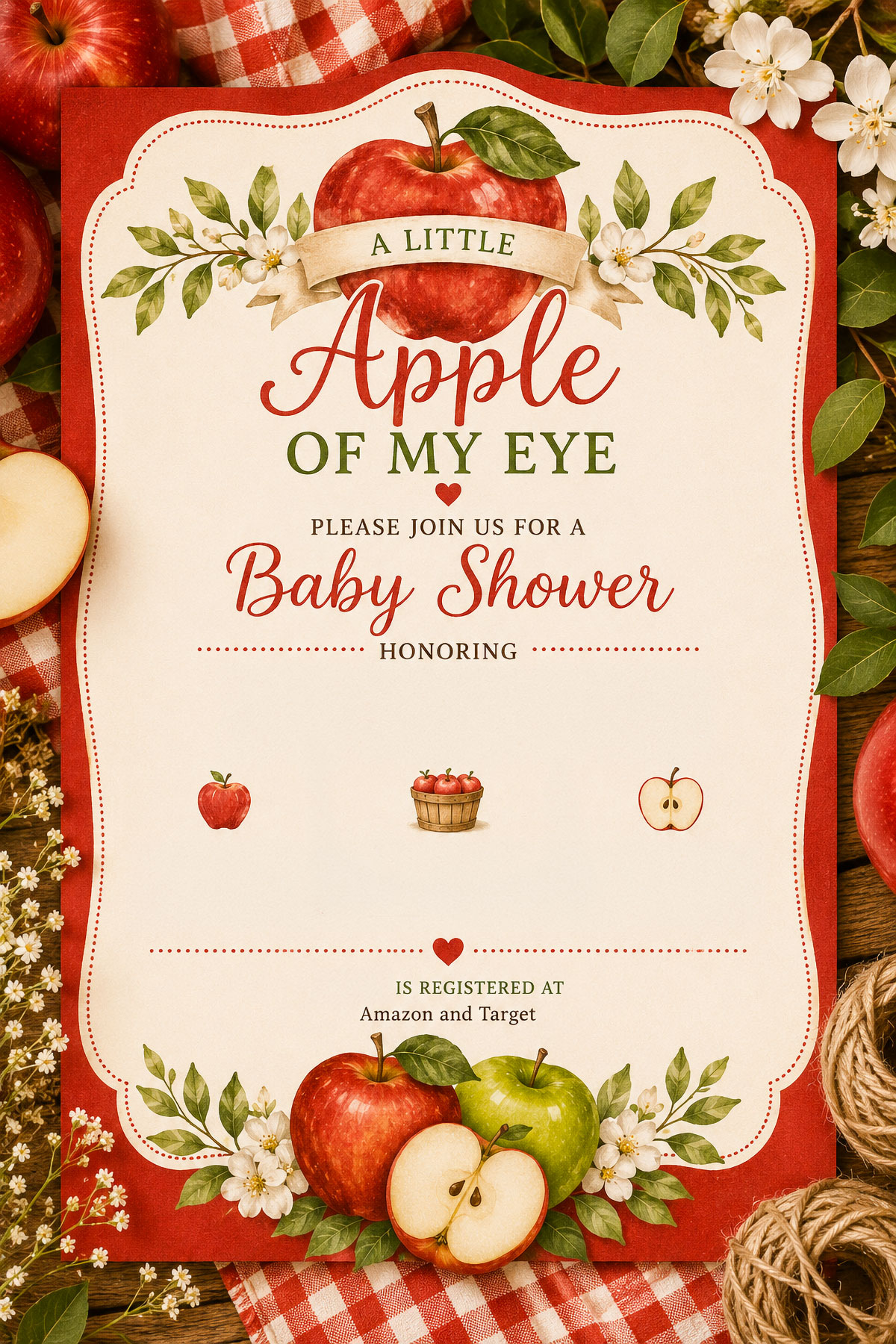 Apple of My Eye baby shower invitation displayed with fresh apples, envelopes, ribbon and rustic stationery