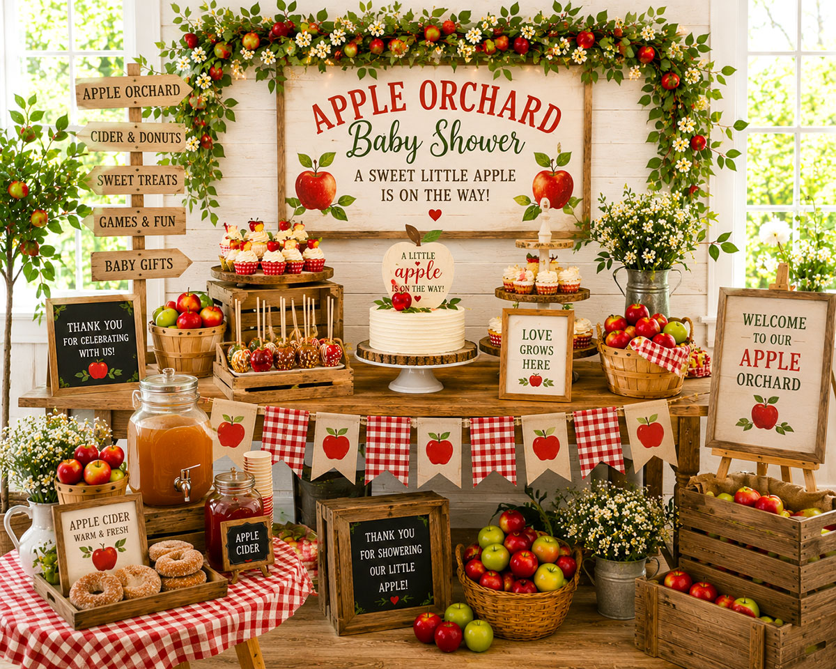 Apple orchard baby shower with wooden crates, baskets of fresh apples, picnic tables and rustic fall decorations