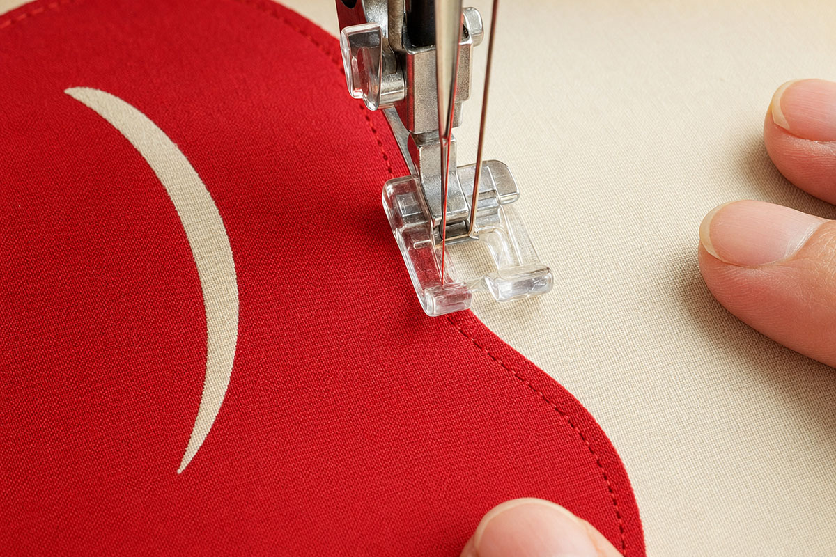 Close view of a sewing machine stitching around the curved edge of a red apple quilt applique