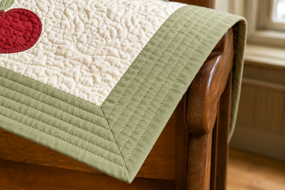 Close editorial view of the finished border quilting and neatly mitered binding on an apple crib quilt